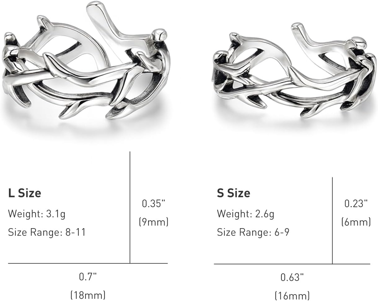 925 Sterling Silver Irregular Crown of Thorns Ring for Men Women Adjustable Branch Ring Gothic Jewelry