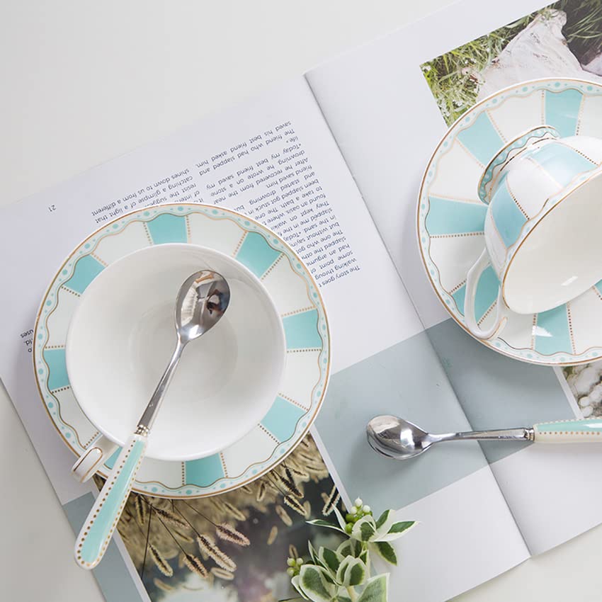 Kubki do kawy spodek zestaw z łyżką vintage porcelanowy zestaw filiżanek do kawy, biały niebieski zestaw filiżanek do herbaty ze złotym wykończeniem i pudełkiem prezentowym na herbatę