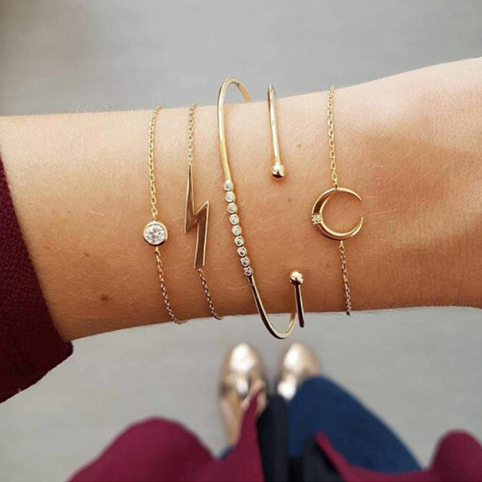 bransoletka w stylu bohemy, Czeska złota bransoletka z kryształowym liściem księżyca i opalem otwartym łańcuszkiem dla kobiet, luksusowa Bangle Femme Jewelry Gift