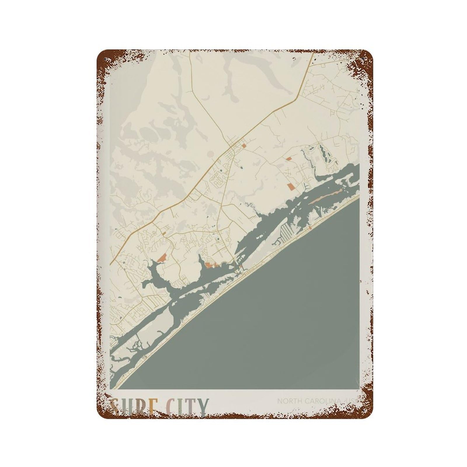 xiaoxiaoshen Surf City Map North Carolina Travel Gift Boho Decor Wall Decor Art Metal Tin Poster Modern Home Decor Art Home Bar Shop Decorations Vintage Sign 40x30cm