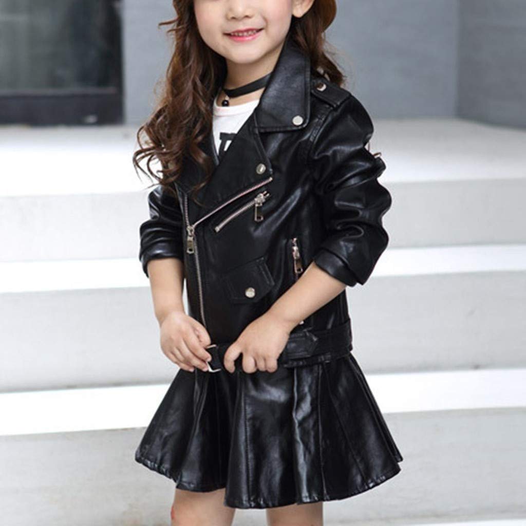 Lingery Little Girl Leather Jacket Children's Jacket Girl Boy Motorcycle Kid Outwear Solid Color Zipper Coat Leather Windbreaker M529 Black, 6-7 Years