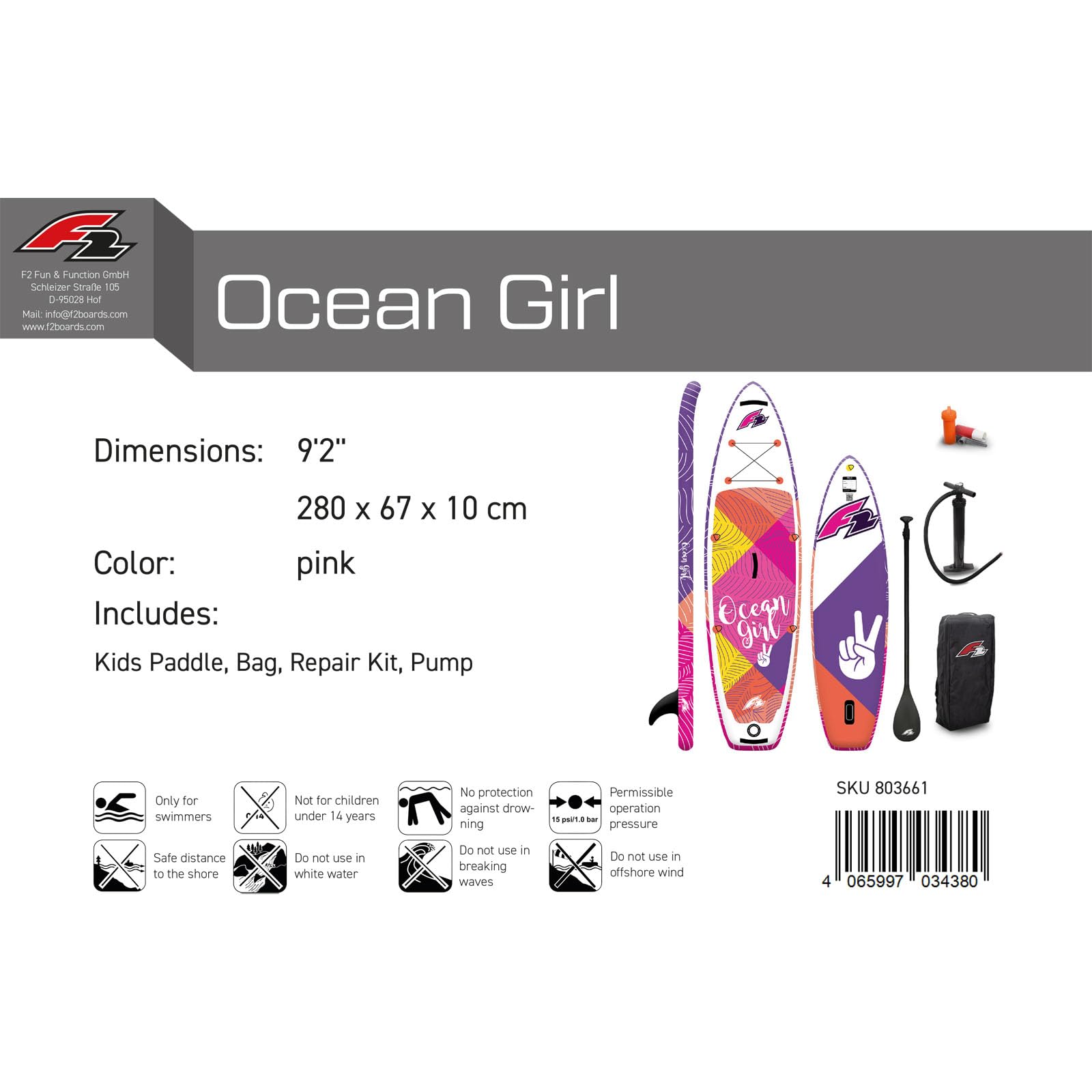 F2 Junior SUP Stand Up Paddle Board Ocean Girl 8'2''/9'2" wählbar Pink