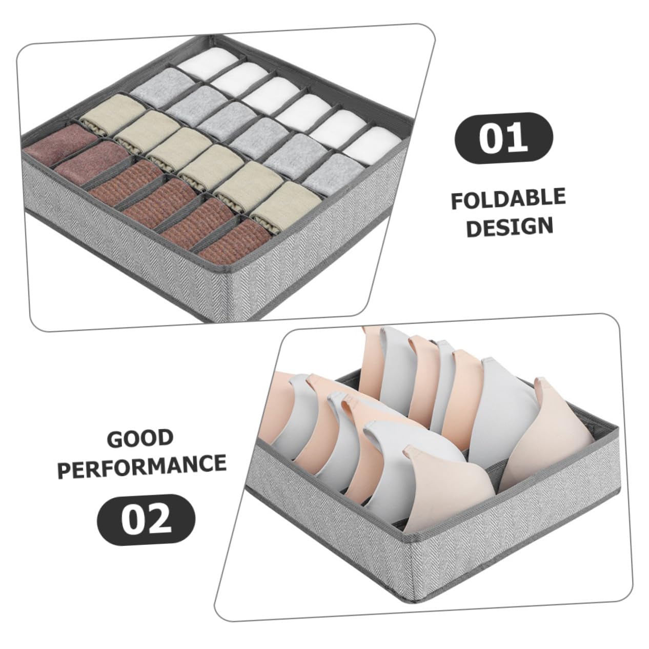 VILLCASE 4 pezzi Organizer Cassetti Intimo Pieghevole in Tessuto Grigio Divisori Multiuso per Mutande Reggiseni e Calzini Contenitori Compatti Resistenti e Antistrappo per Armadio