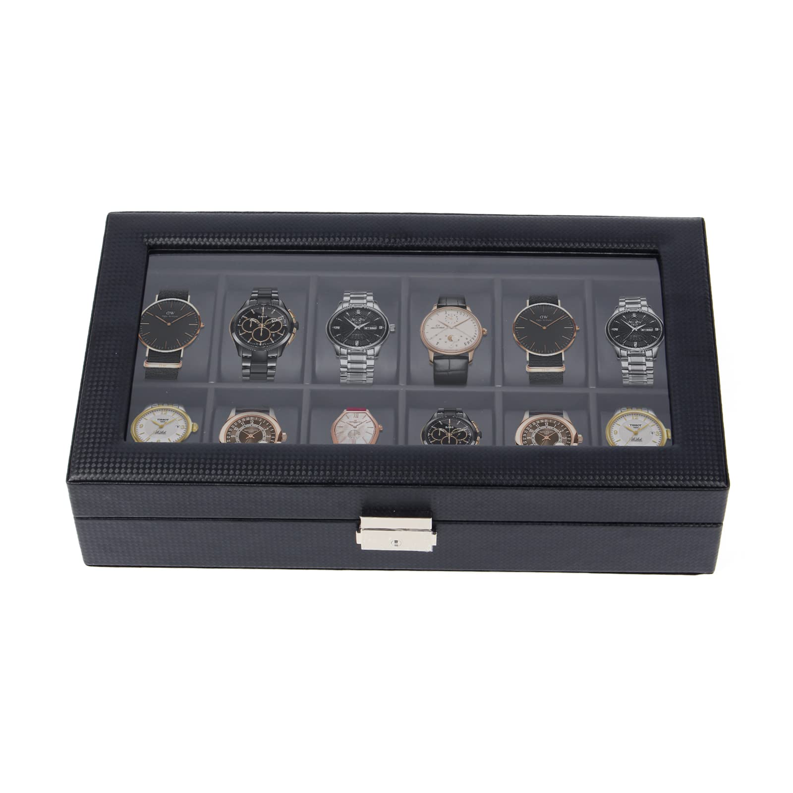 Gramiibeau Boîte à Montres Homme, Noir, 12 Compartiments, Rangement Montre avec Couvercle en Verre, Aspect Tressé, Couvercle en Métal, 35 x 20 x 8 CM