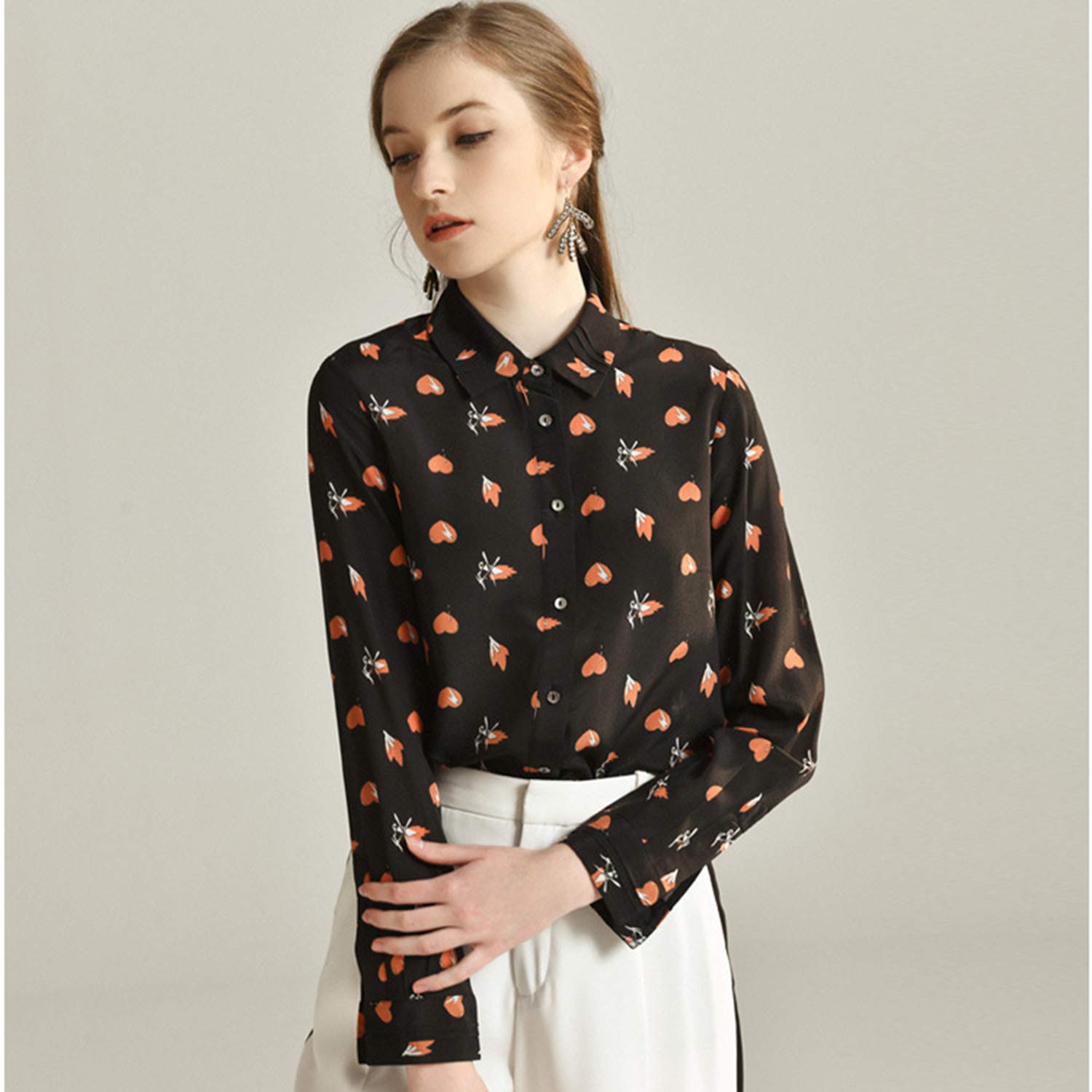 Camicia A Maniche Lunghe con Risvolto Stampato, Top Stampato A Forma di Cuore da Donna, Blusa in Seta Leggera