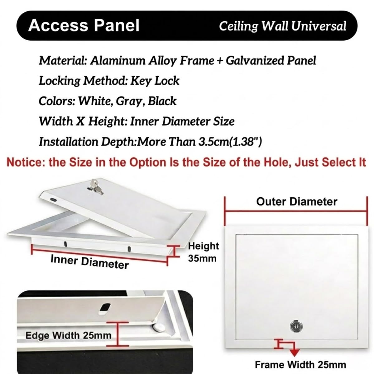 Panel de Acceso para Placas de Yeso Laminado de 300x300, 400x400, 500x500 y 600x600 mm, trampilla de inspección de Techo metálica con Cerradura, Tapa para Orificio de Pared de Puerta de acce