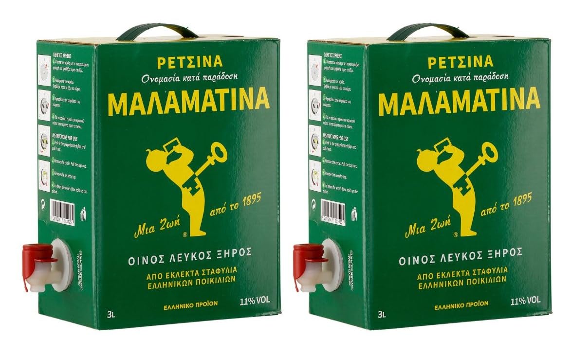 Retsina Malamatina 2x 3,0l Bag-in-Box | Geharzter Weißwein aus Griechenland | 11% Vol. | +20ml Jassas Olivenöl