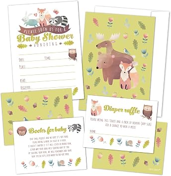 A Set of 25 Woodland Animals Baby Shower Invitations, Diaper Raffle Tickets and Baby Shower Book Request Cards with Envelopes. Gender Neutral Invites Perfect for Baby Boys and Baby Girls.