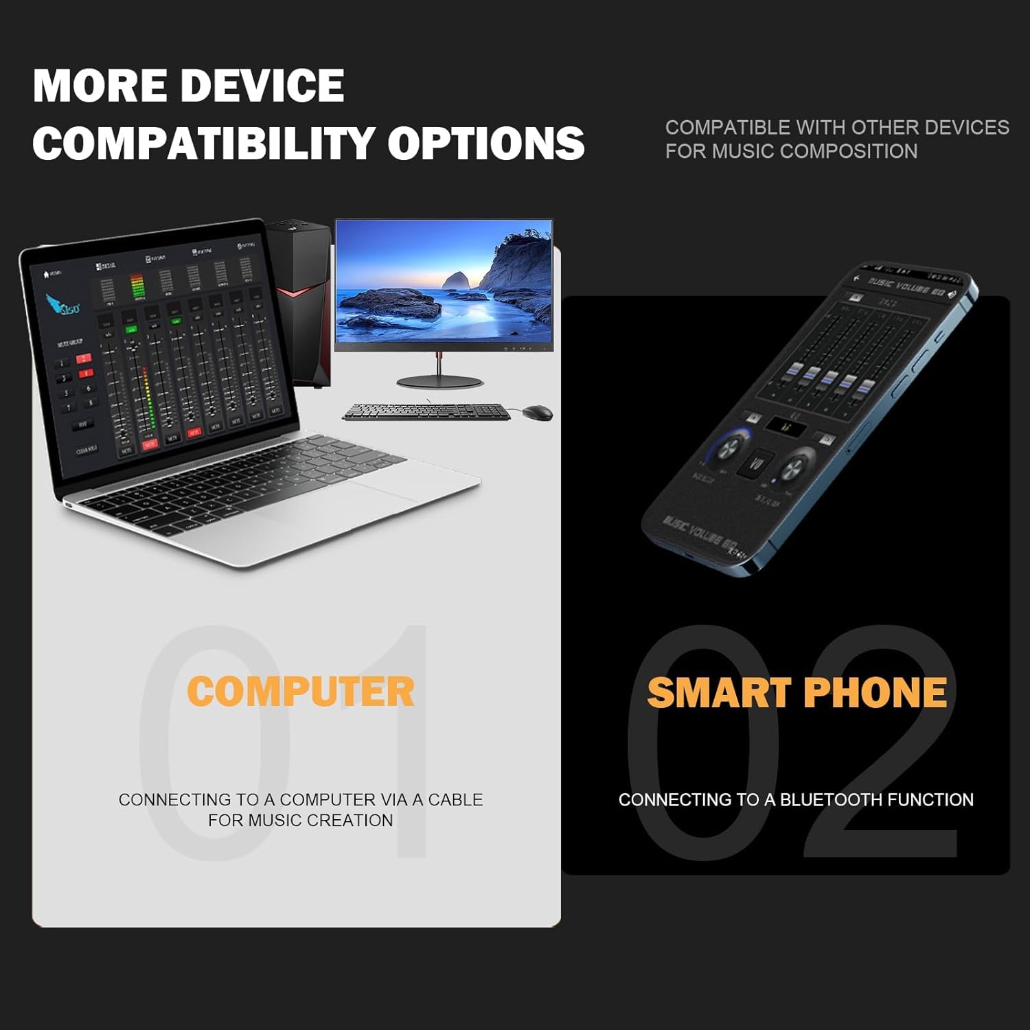 G-MARK DGNOG R4-PRO mixer showing connectivity options with a computer and a smartphone.