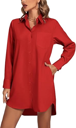 LYANER Women's Collar V Neck Button Down Shirt Dress Long Sl