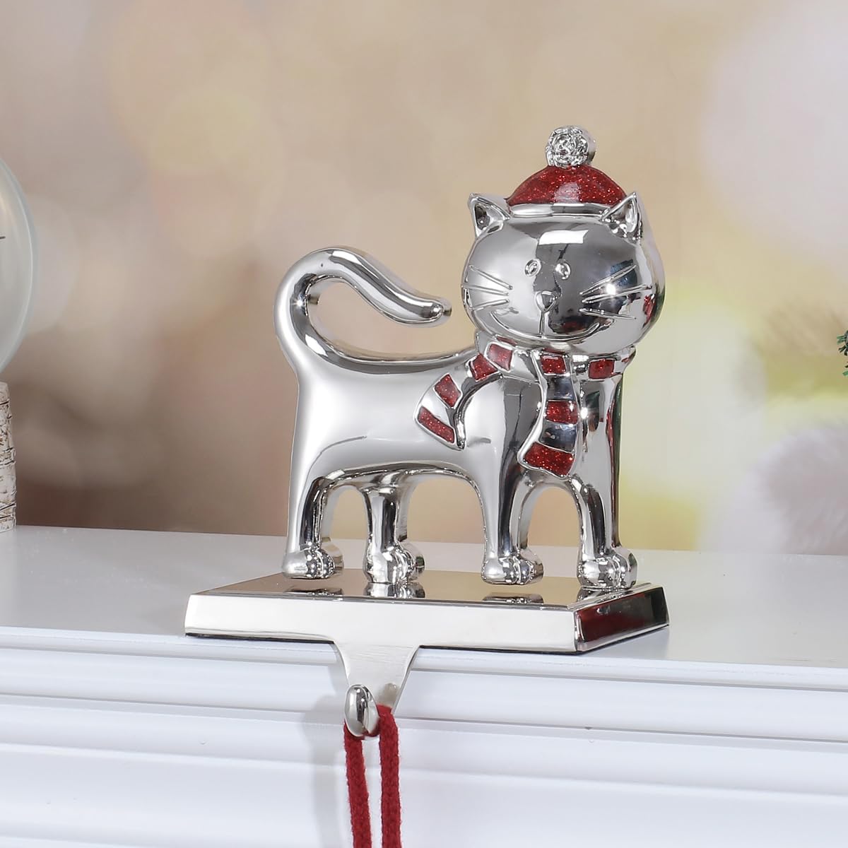 Stocking Holders for Mantel -Cute Silver Metal Christmas Stocking Holder for Mantle Christmas Stocking Hangers for Mantel Stocking Hooks for Fireplace Stocking Holders for Christmas Decoration (Cat)