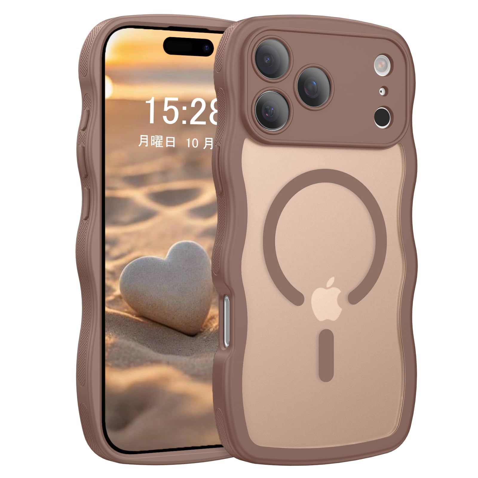 AVETUL iPhone 17 pro ケース MagSafe対応 ウェーブ ワイヤレス充電対応 マット 韓国 うねうね おしゃれ マグネット搭載 超強磁力 iPhone17proケース 滑り止め 米軍MIL規格耐衝撃 かわいい アイフォン17プロ 半透明ハード カバー (ブラウン)