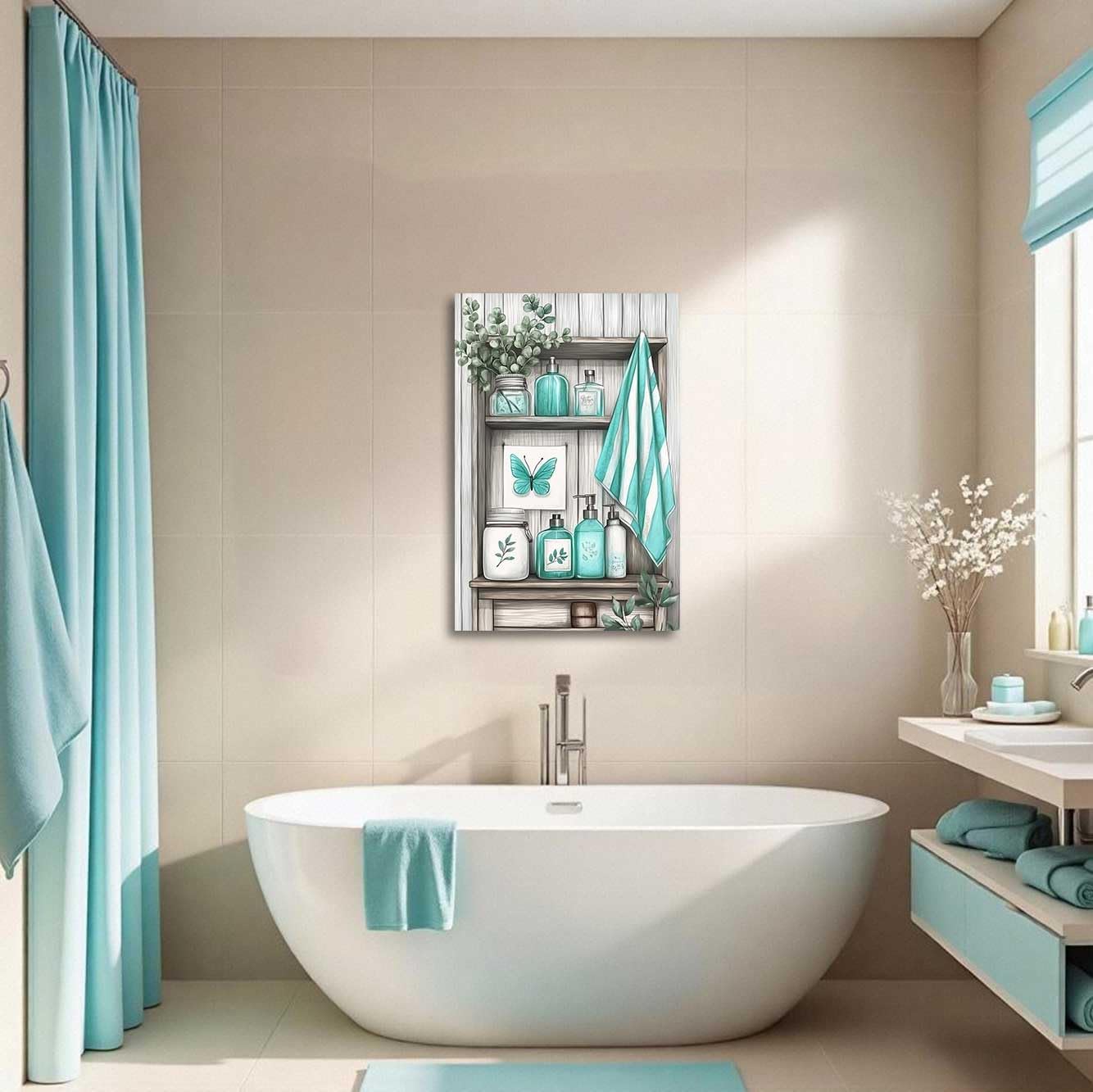YMXDYMJSW Teal Bathroom Wall Art Turquoise Canvas Prints Rustic Bathroom Sign Pictures Farmhouse Flower Poster Prints for Toilet Restroom Decor Framed (Teal, (18L x 12W))