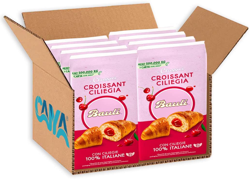 8X Bauli Croissant Cornetti di Sfoglia Soffice con Deliziosa Farcitura di Ciliegie 100% Italiane 300g [8 Confezioni]