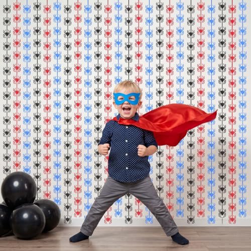 Image of TONIFUL 2Pcs Black Red Blue Spider Cutouts Metallic Foil Fringe Curtains | 3.3ftx6.6ft Photo Booth Backdrop Door Tinsel Streamers, Props for Spider Themed Birthday Halloween Baby Shower Decorations