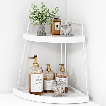 Forbena White 2 Tier Corner Bathroom Counter Organizer, Bathroom Countertop Shelf Organizer for Kitchen Sink, 2 Tier Makeup Vanity Tray for Dresser Tops Decor, Corner Shelf for Girls Bedroom White