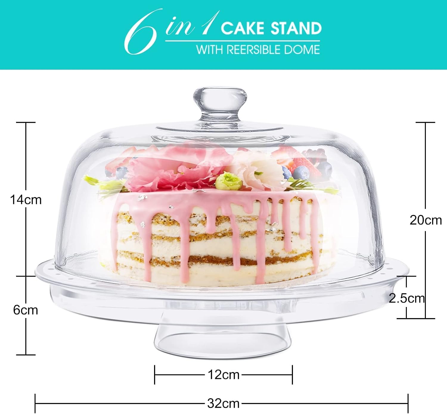 Masthome 6 in 1 Acrylic Cake Stand with Dome Lid (12") Extra Large Multifunctional Serving Platter and Cake Holder, Salad Bowl/Punch Bowl/Desert Platter/Chips & Dip/Cake Plate,BPA Free - Send 2 Spoons