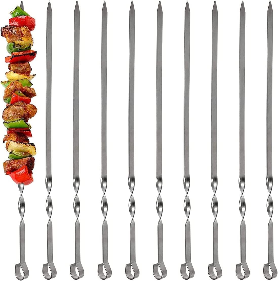 Barbecue Skewers, 10 PCS Flat Long Reusable Steel Metal Skewers for BBQ