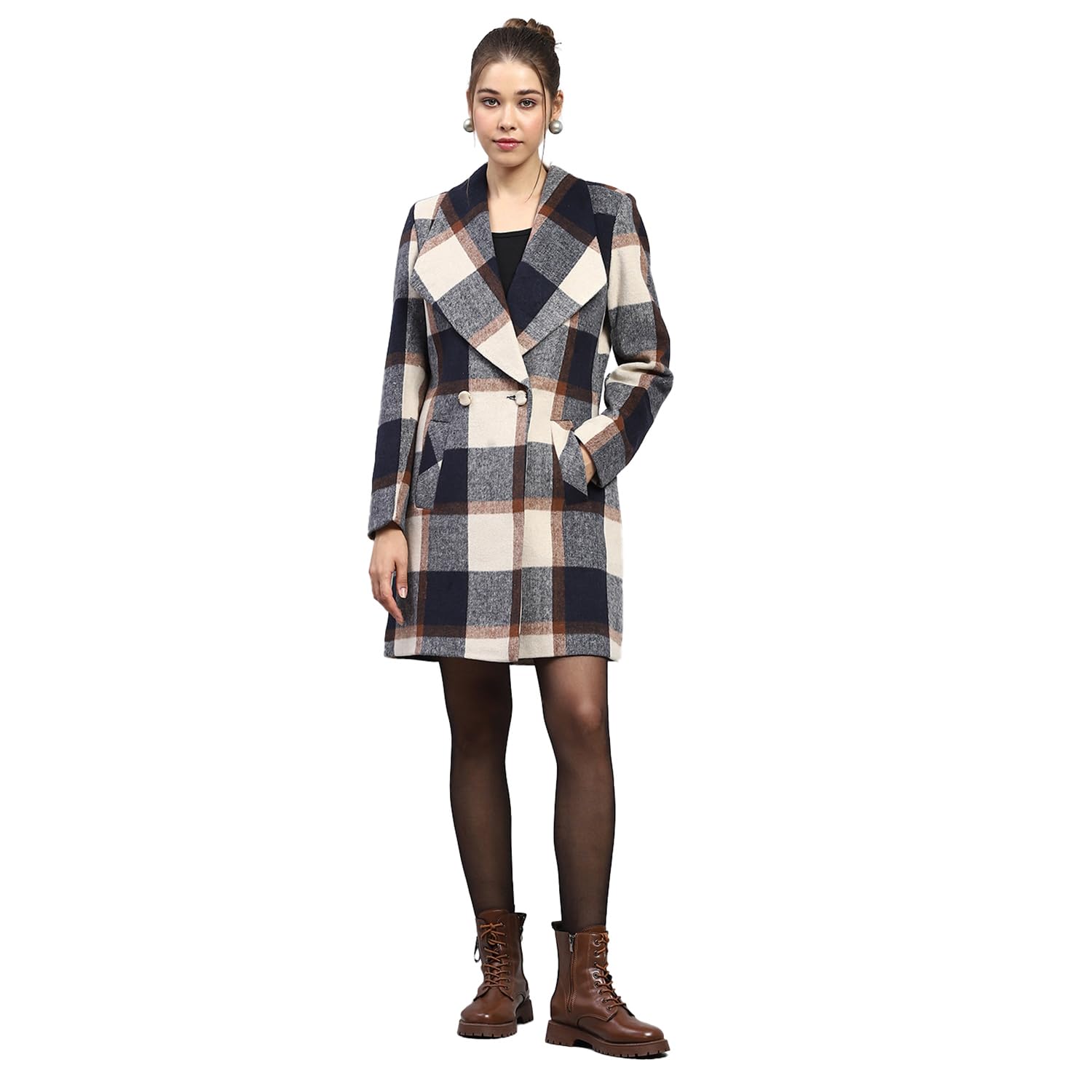 Womens Check Navy Blue Notch Lapel Full Sleeve Coat-image-36