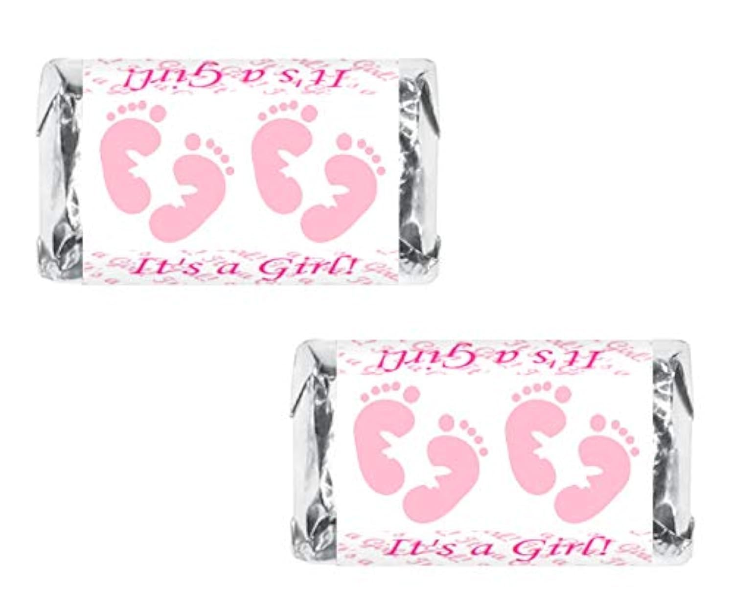 60 Pink Footprints Baby Shower Miniatures Candy Bar Wrapper, It's a Girl Decorations, Stickers, Made in USA (Candy Not Included)
