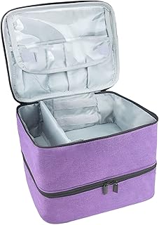 Suaetiai Nail Polish Organizer, Portable Nail Polish Holder Holds 30 Bottles(15ml) and 1 Led Nail Lamp, Double Layers Nail Polish Carrying Case with Adjustable Dividers for Nail Art Tools, Purple, This Nail Polish Storage Bag Has a Double Layer Design is Made of Heavy-duty Nylon