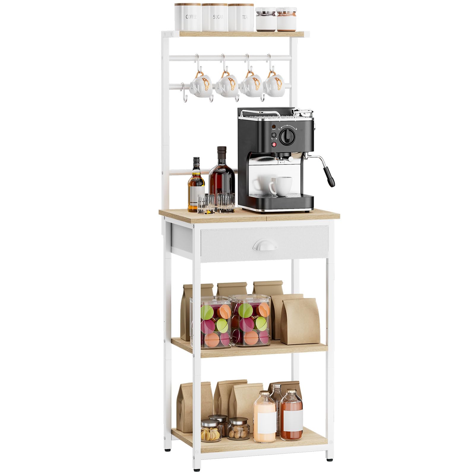 YMYNY Étagère de Cuisine, Porte-Café en Bois à 5 Niveaux, Rangement pour Machine à Café, Organisateur avec 8 Crochets, Tiroirs en Tissu, pour Salon, Bureau, Naturel HBR009R