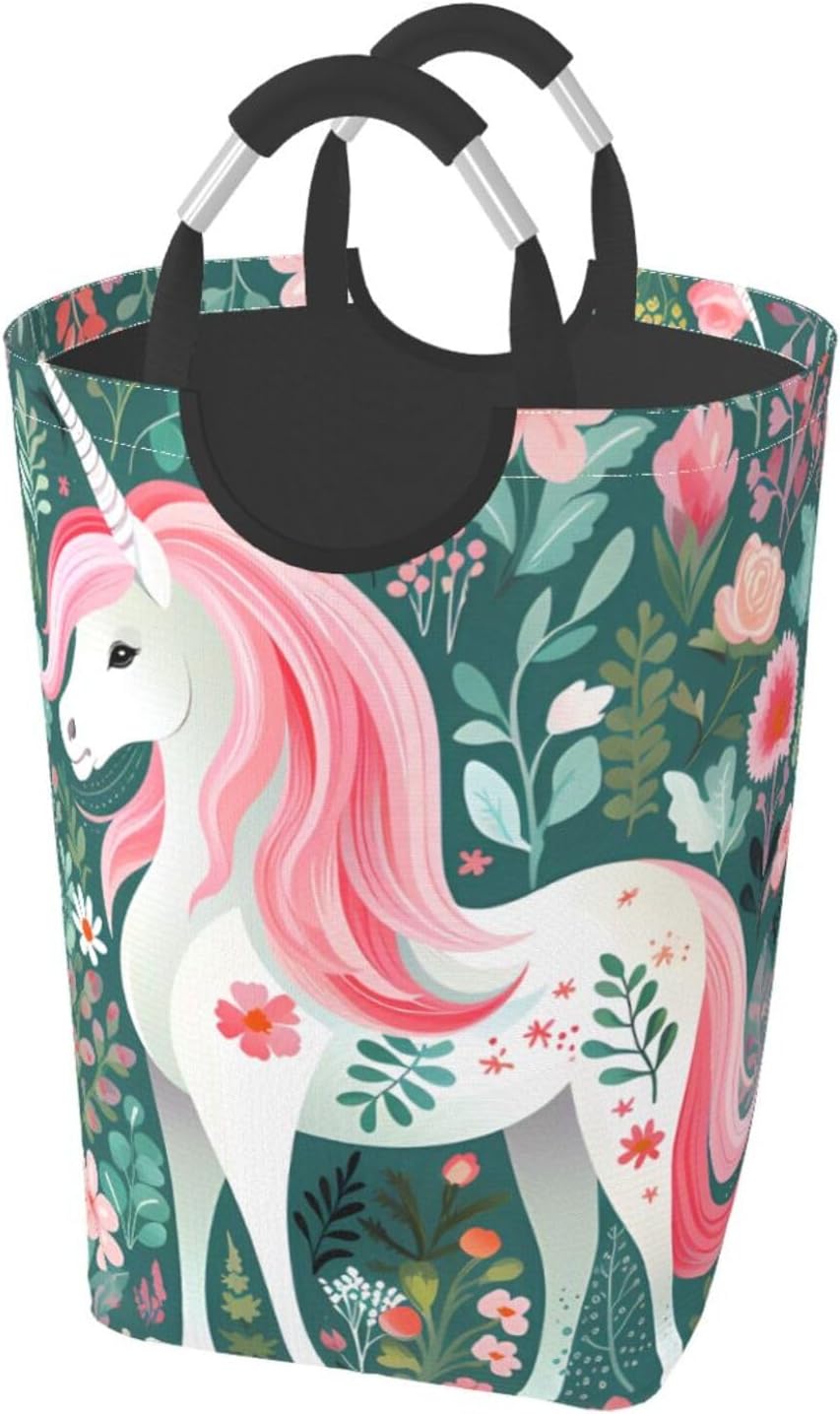 Unicorn with pink hair Foldable storage bag, 50L capacity, suitable for laundry room, dormitory bedroom, dirty clothes storage basket.