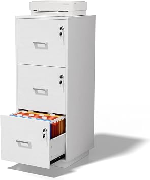 VINGLI 3 Drawer File Cabinet with Lock, Home Office Filing Organizer, for Letter Size File Folder Storage, Wood Tall Vertical Filing Cabinet, Printer Stand, Archivador White