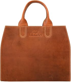 FOLK AND ART Women's Handmade Full-Grain Leather Vintage Tote Bag - Lightweight Shoulder Purse for Work & Casual