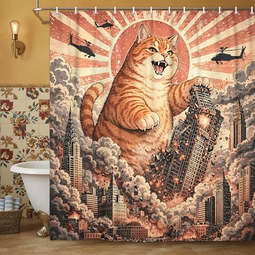 Image of Funny Chubby Orange Cat Monster Shower Curtain, Vintage Japanese Sunset Cityscape Anime Bathroom Decor, Waterproof Fabric Bath Curtain, Fun Animal Shower Curtain for Kid Bathroom, 72x72 Inches