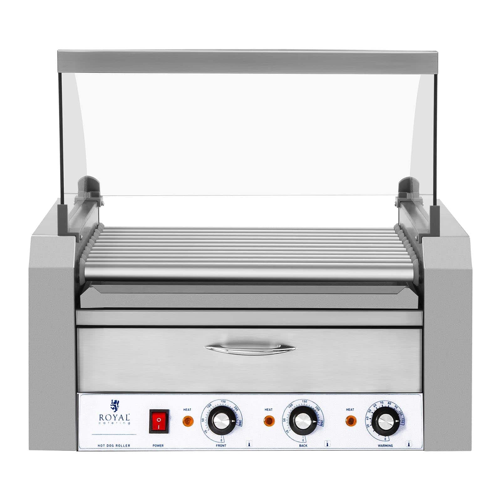 Royal Catering - Hot Dog Grill Hot Dog Maschine (11 Rollen, Edelstahl, 2.150 W, 2 Heizzonen, herausnehmbare Fettauffangschublade, Wärmeschublade, 20 Würstchen, mit Hartglasabdeckung)