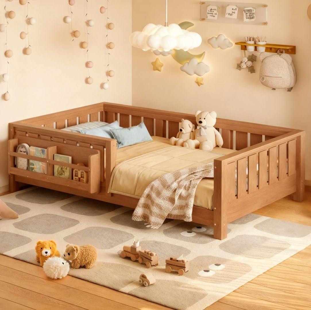 Bellemave Kids Twin Floor Bed with Built-in Bookshelf and High Fence, Montessori Bed for Boys, Girls,Safety Pine Wood,No Box Spring Needed(Twin,Natural,Bookshelf)