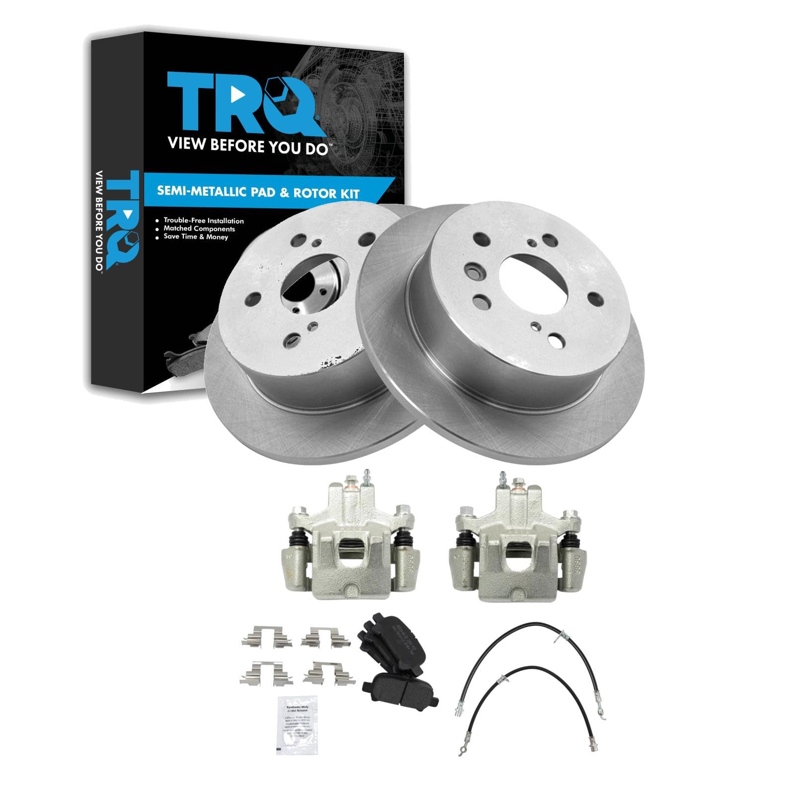 TRQ Rear Brake Pad and Rotor Set Semi Metallic Rotors Calipers Compatible with 2006-2007 Toyota Avalon 2006-2008 Solara