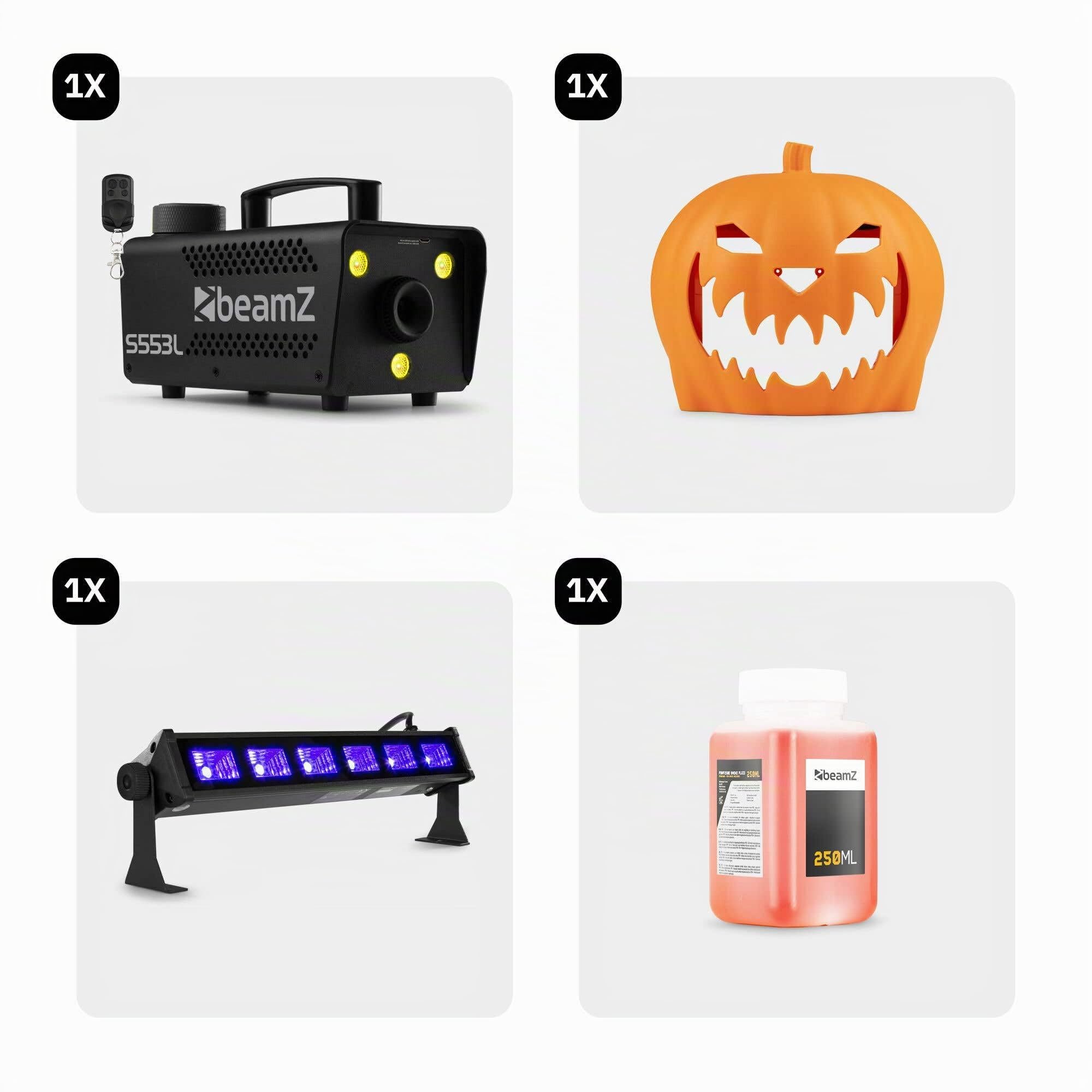 BeamZ S553L Nebelmaschine Halloween Deko mit LED Kürbis Kopf - 550 Watt Rauchmaschine mit LED UV Bar, 2-in-1 mit Halloween Kürbis Deko, 16 Farben Lichteffekt, Soundeffekt Nebelmaschine Mini