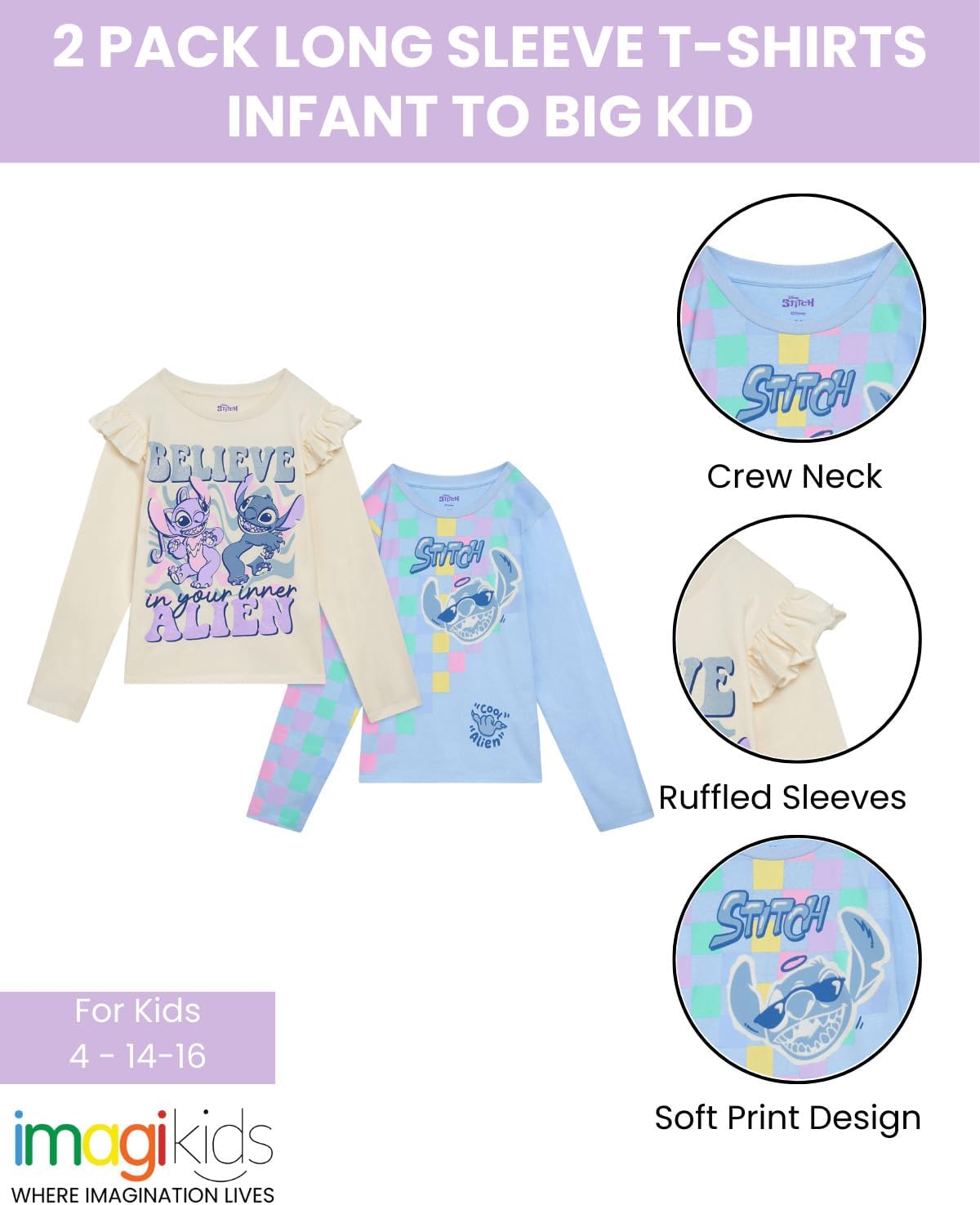 Disney Girls 2 Pack Long Sleeve T-Shirts Infant to Big Kid Sizes (18 Months - 14-16)