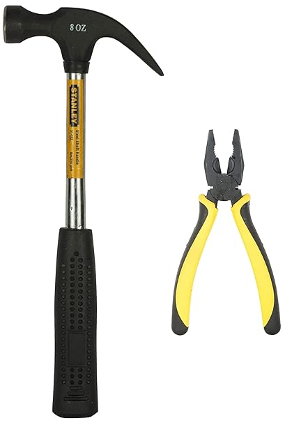 STANLEY8'' Sturdy Steel Combination Plier Double Sleeve (Yellow and Black) & Claw Hammer with Steel Shaft for masonry, 220 grams(Black and Chrome) & 3 Meter Measuring Tape (Yellow)