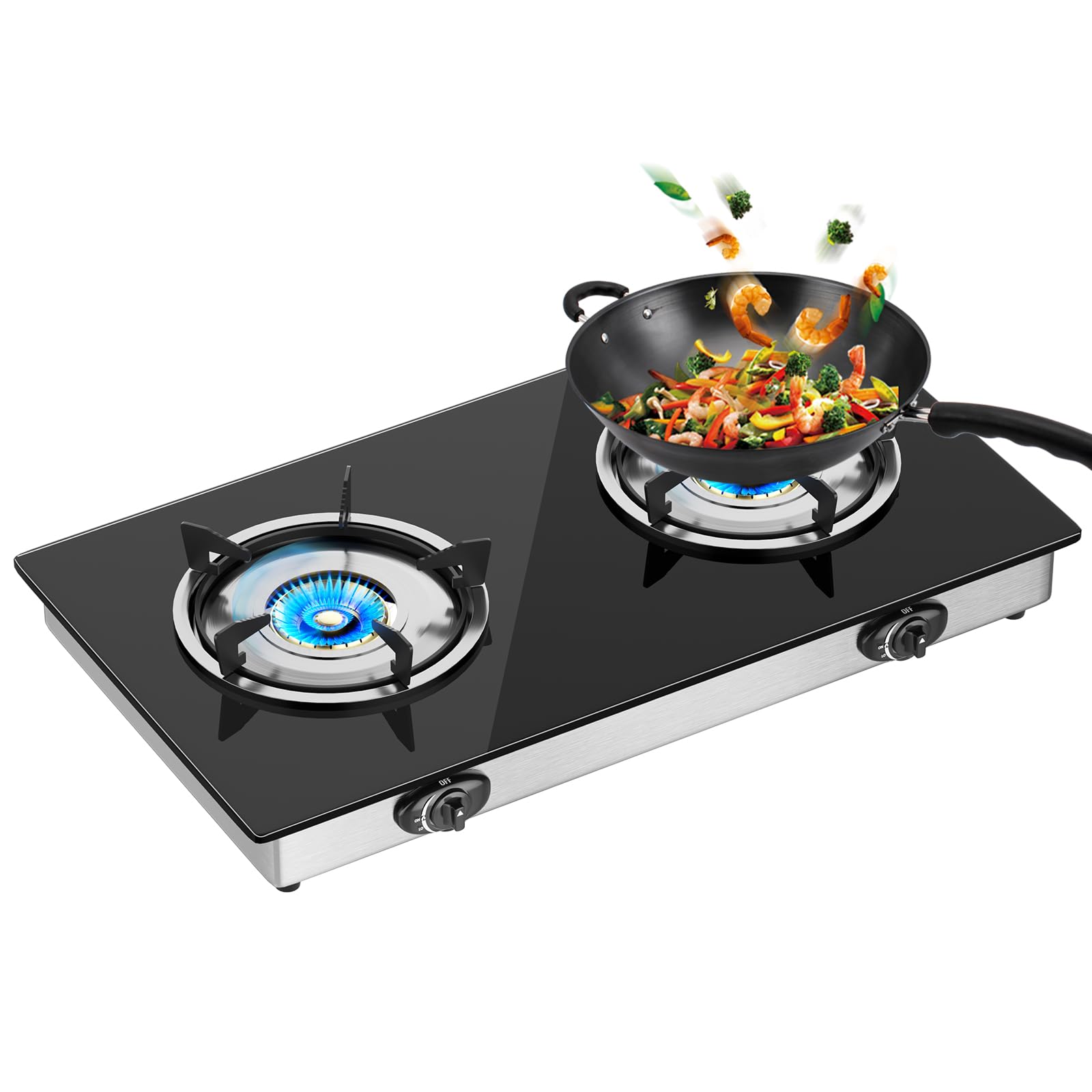 Plaque de Cuisson Gaz 2 Feux, Plaque Gaz 2 Feux Verre Noir, 8.2KW, Portable Feux Gaz, Facile à Utiliser, Nettoyage Rapide Convient au propane