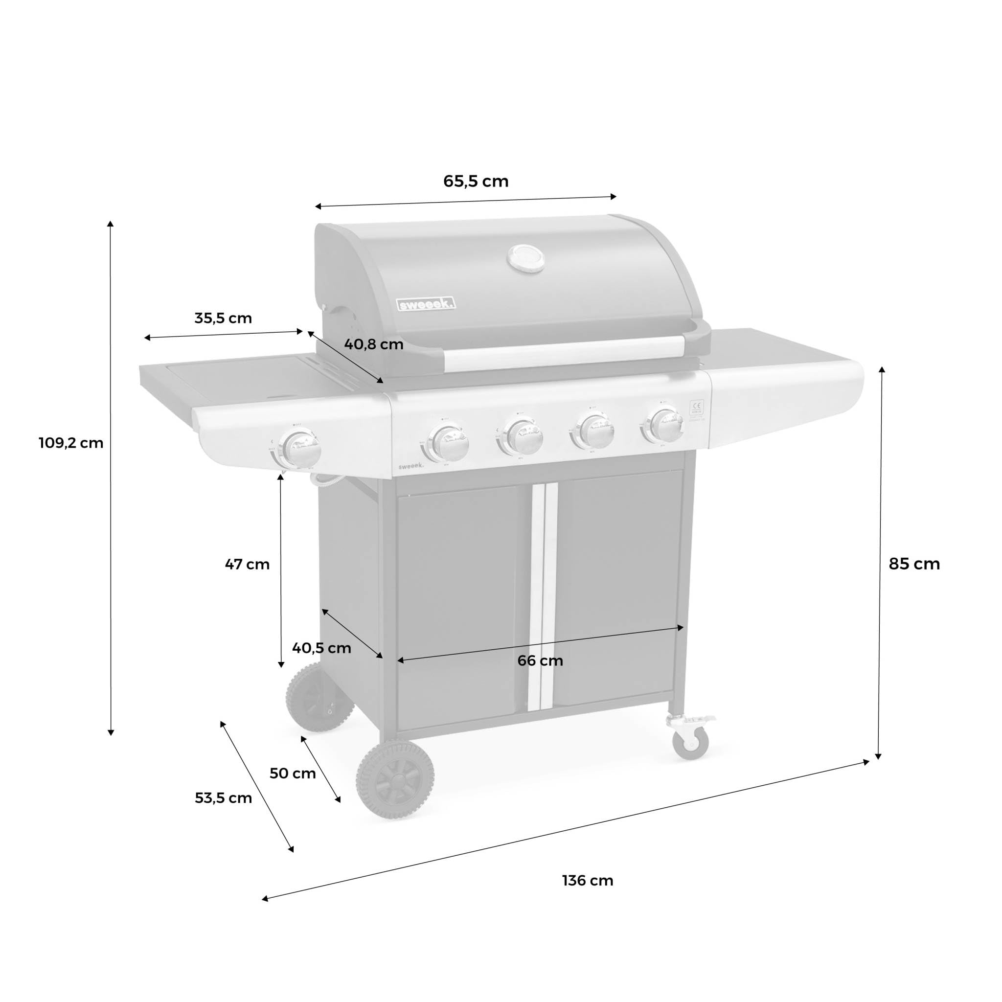 Alice's Garden - Barbecue au gaz - Bazin Gris anthracite - Cuisine extérieure 5 brûleurs dont 1 feu latéral avec tablettes et thermomètre. rangement. roues