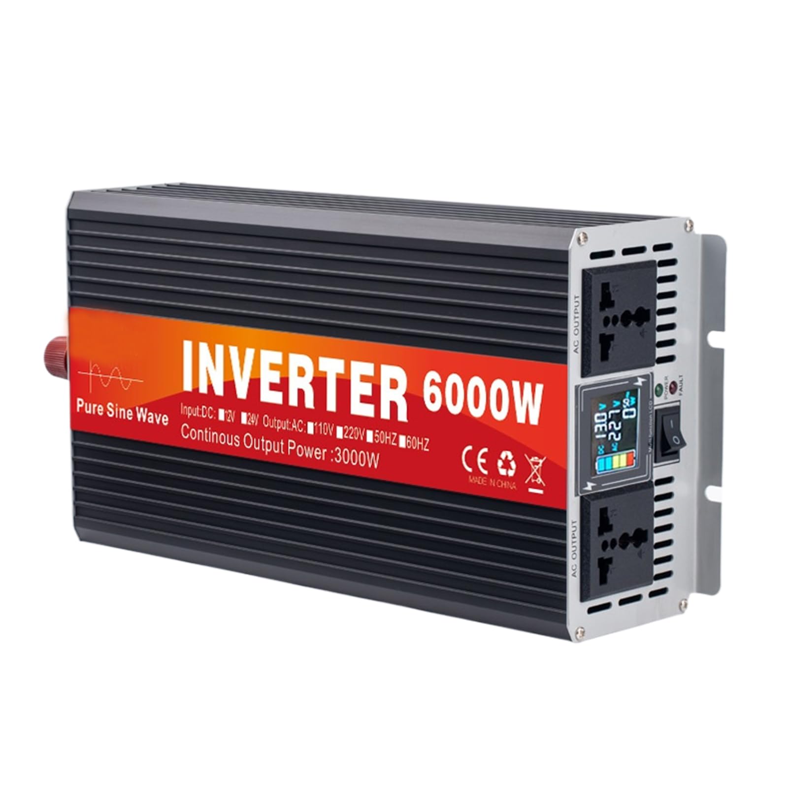 Falownik czystej sinusoidy 6000W, 12V/24V 48V/60V 60V/72V na AC 110V/230V, przetwornica samochodowa z wyświetlaczem LED do domu, kampera, ciężarówki, poza siecią