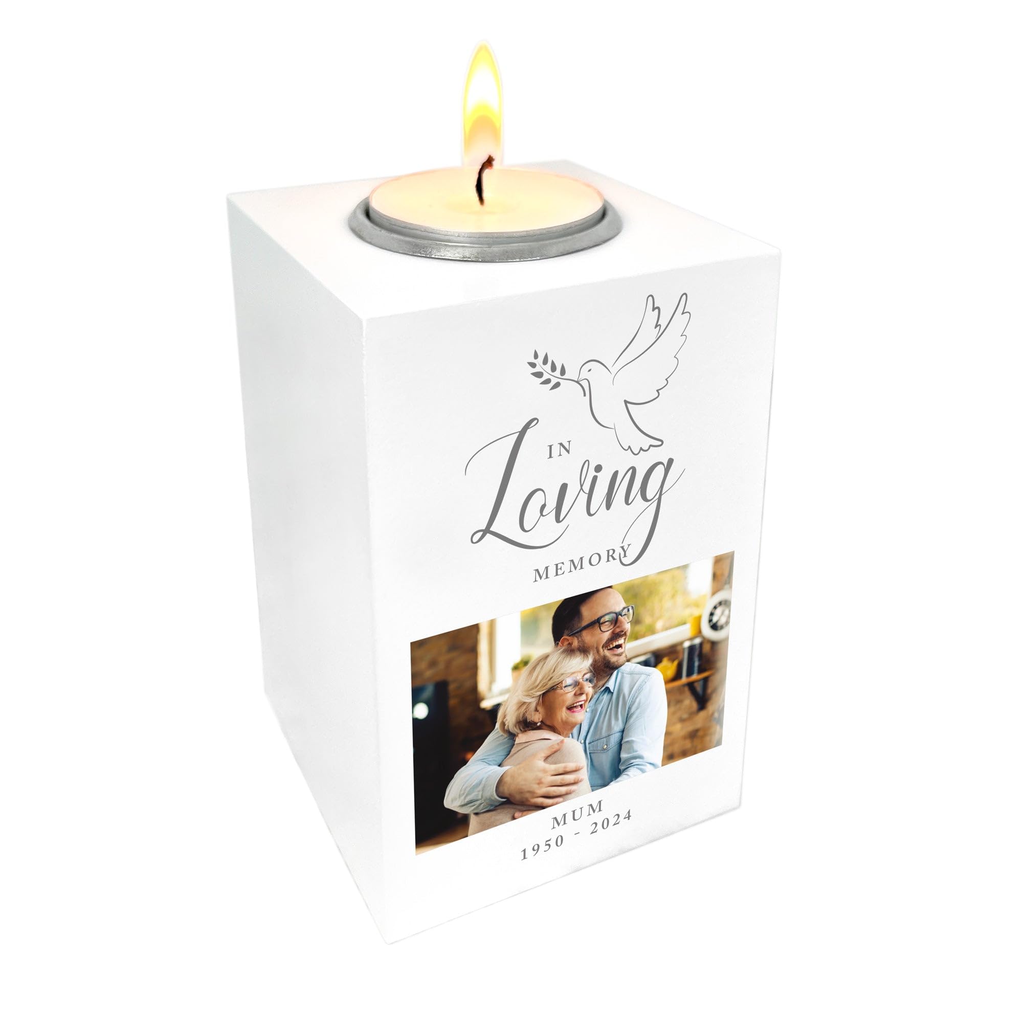 The Lovely Keepsake Company White Personalised "In Loving Memory" Dove Photo Memorial Tea Light Holder - Custom Message | Sympathy Gift, Remembrance | W7cm X D7cm X H10cm