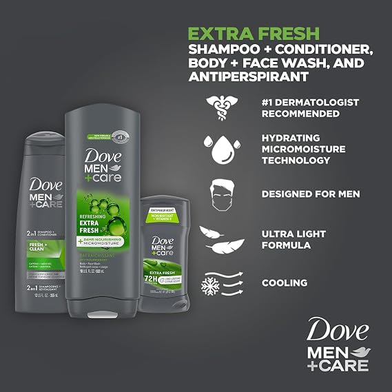 Dove Men + Care Bundle Extra Fresh Body Wash & 72H Deodorant + Fresh + Clean 2-in-1 Shampoo and Conditioner, Citrus Scent (3 Piece Set)