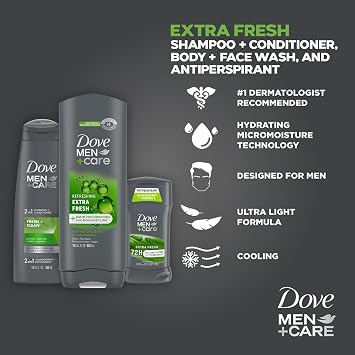 Dove Men + Care Bundle Extra Fresh Body Wash & 72H Deodorant + Fresh + Clean 2-in-1 Shampoo and Conditioner, Citrus Scent (3 Piece Set)