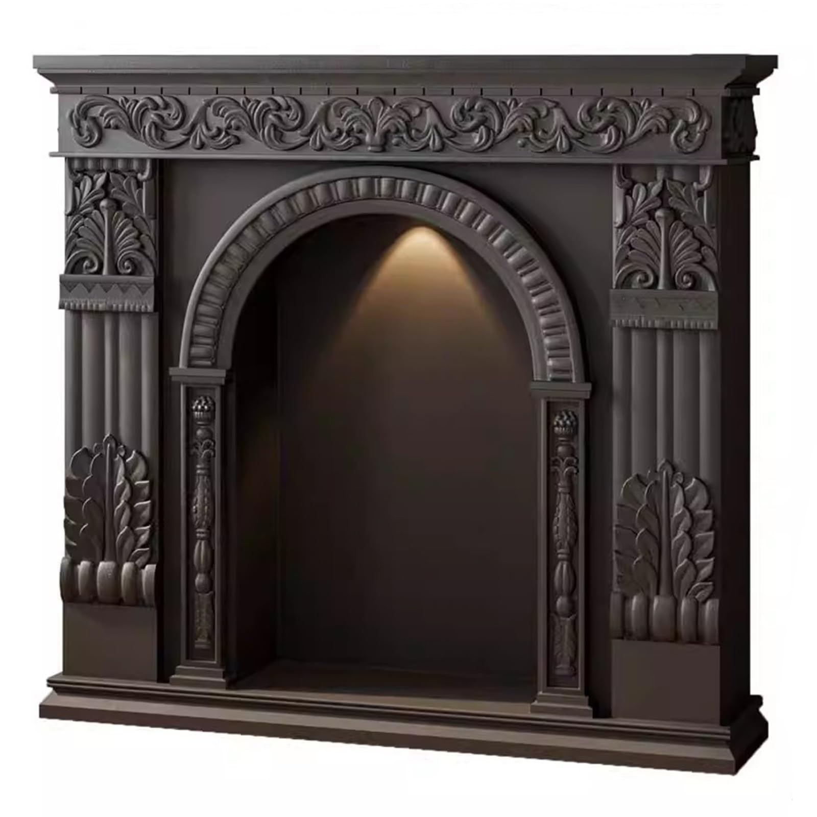 Mantels Surrounds Ornate Carved Wood Fireplace Mantel with Arched Opening & Magnetic Light Classic Decorated Frame(Black)
