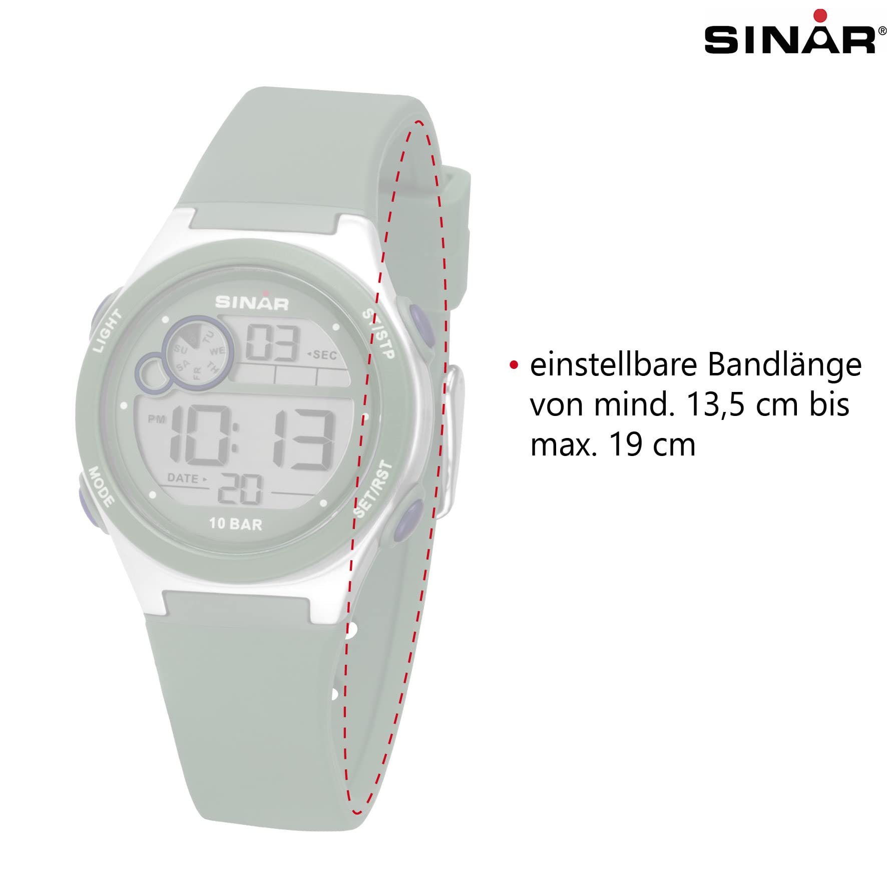 SINAR XF-68-3 - Orologio da polso per ragazzi, digitale, al quarzo, 10 bar, con allarme, luce EL e cinturino in silicone, verde oliva, blu, verde, Sportivo