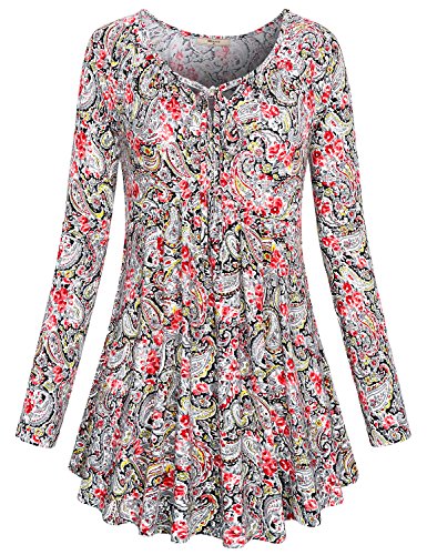 Miusey Long Sleeve T Shirt Women, Ladies Clothes Crew Neck Loose Fitting Draped Blouse Knitted Dressy Floral Pattern Elegant Tunic Tops Formal Blouse Red L