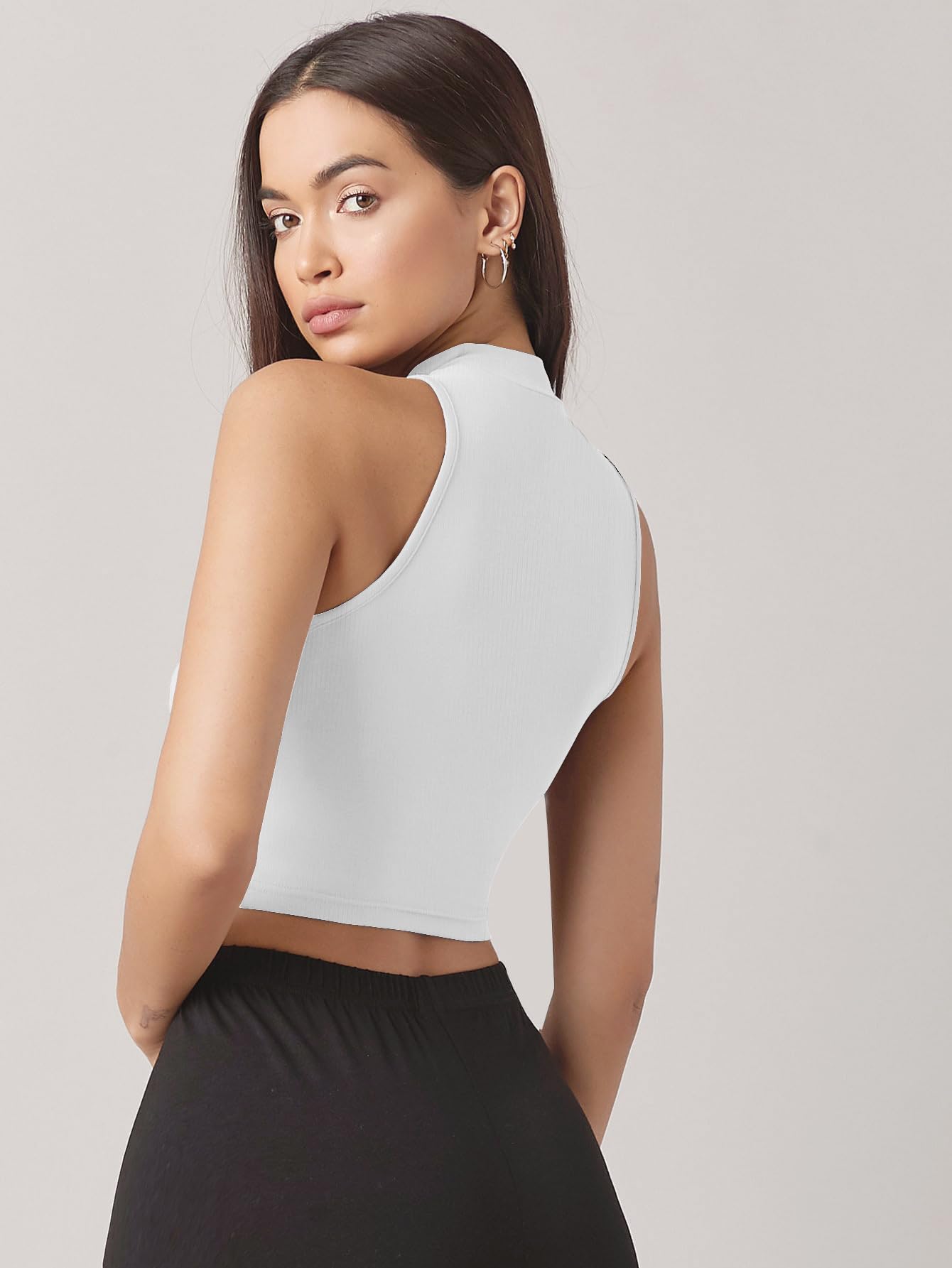 Sugathari Damski dziewczęcy top z wysokim dekoltem, prążkowany, Crop Tank Top (Top 37)