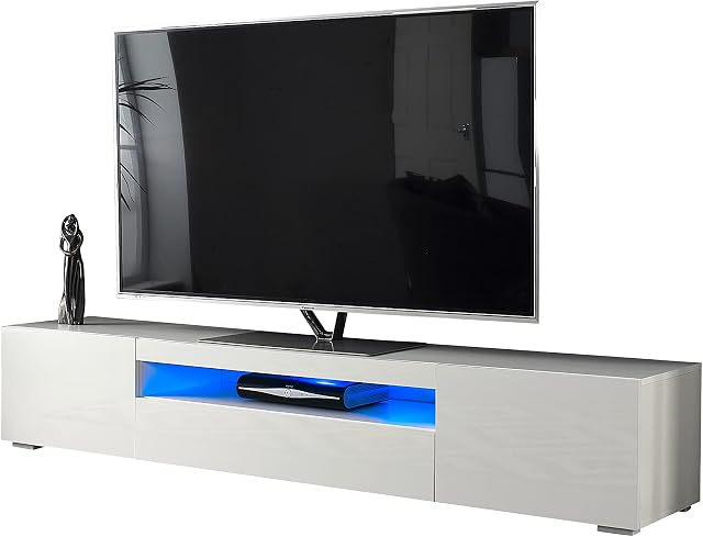 MMT Furniture Designs White Gloss Cabinet for 80 inch TV with LED lights, Wood, 200cm wide