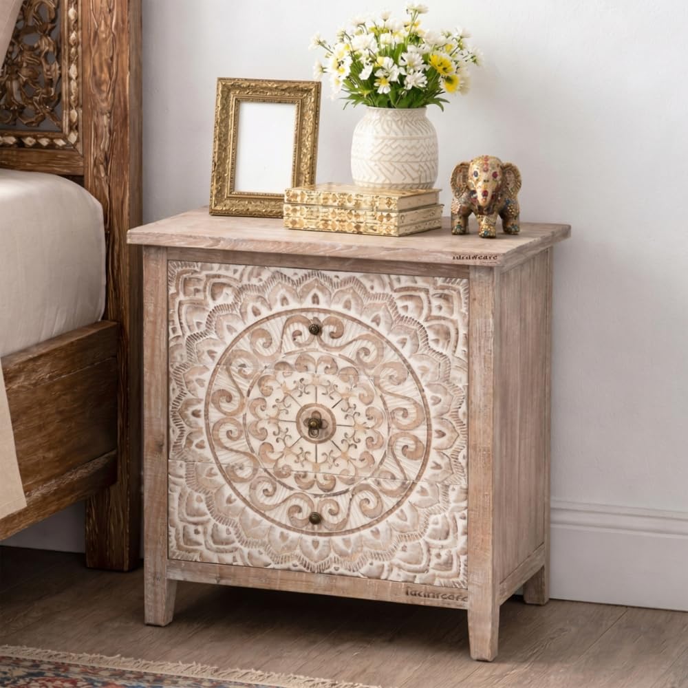Solid Mango Wood Chest of Drawers with 3 Drawer for Bedroom & Living Room | Handcrafted Wooden Cabinet Organizer | Storage Furniture for Home (White Distress)-image-21