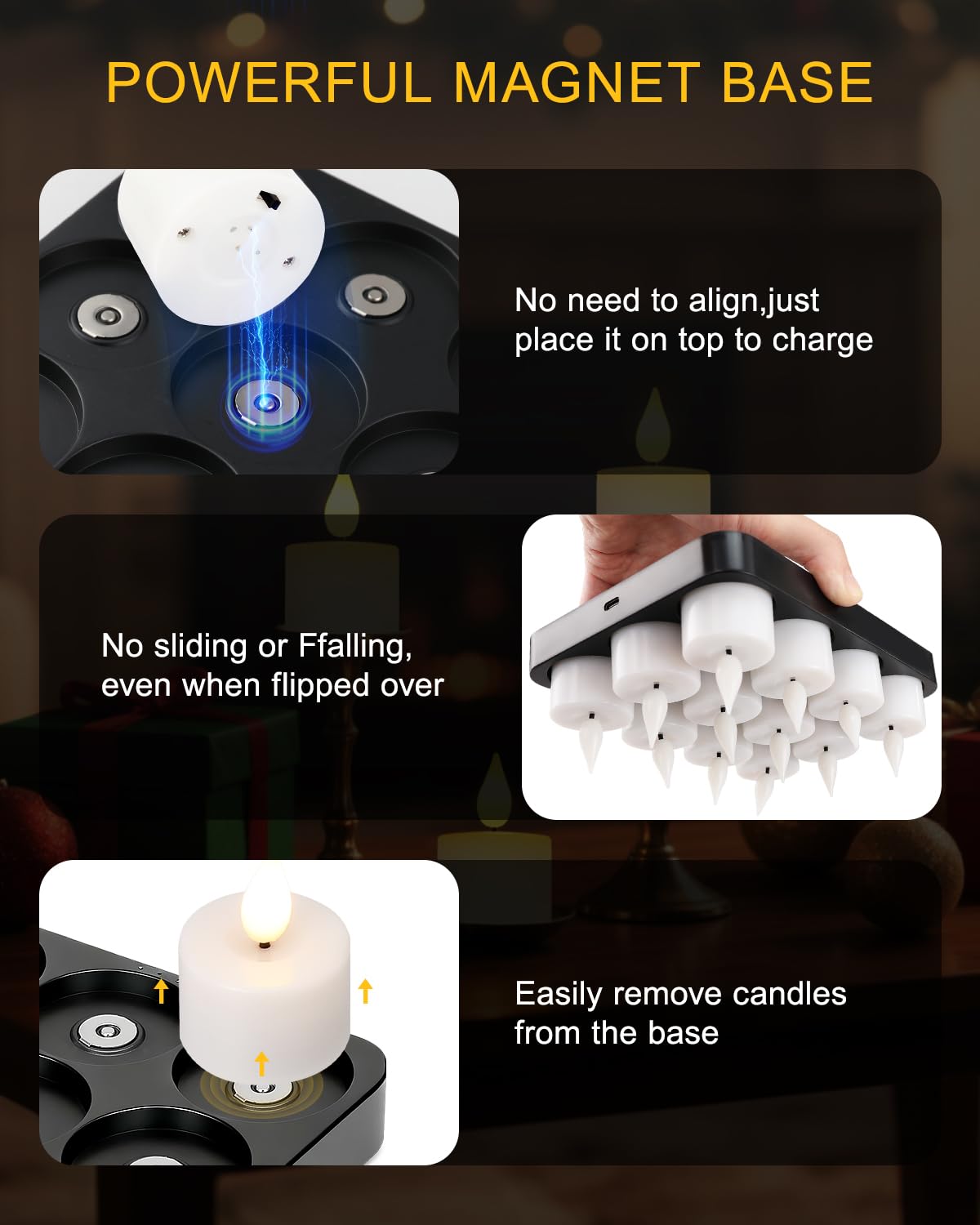 Candele Led Ricaricabili con Stazione di Ricarica Magnetica, Set di 12 Candele LED Tremolanti con Timer e 2 Telecomandi, Ideali per Natale, Halloween, Decorazioni da Tavola, Feste