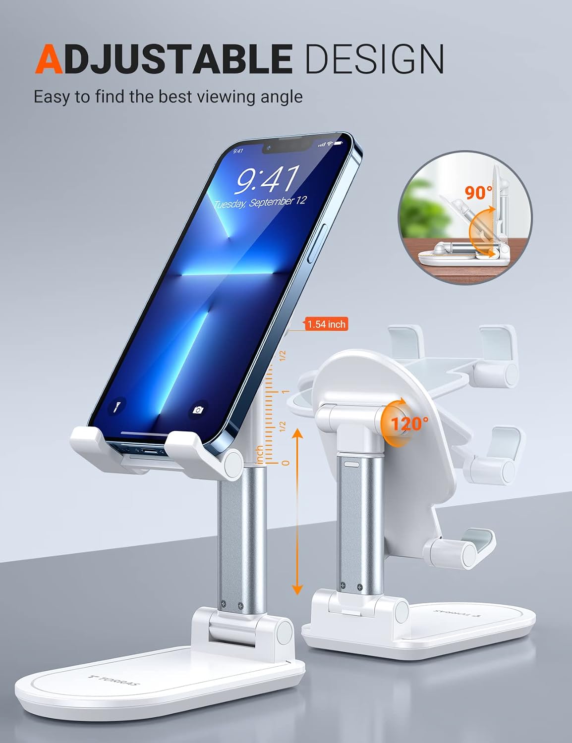 TORRAS Foldable Cell Phone Stand for Desk [Ultra-Portable] Adjustable Desktop Phone Holder Thick Case Friendly Phone Dock Compatible for iPhone 13 12 11 Pro Max, Samsung Galaxy S21+Ultra Note 20 & All